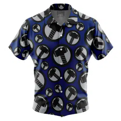 The Default Button Up Hawaiian Shirt has short sleeves, a blue background, and a repeating pattern of black and gray circles with stylized geometric microphones.