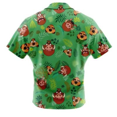 The Default Button Up Hawaiian Shirt (Copy) is a green short-sleeve with cartoon Timon and Pumbaa faces, leafy plants, and playful jungle patterns for a vibrant look.