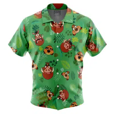 The Default Button Up Hawaiian Shirt (Copy) is a short-sleeve, button-up shirt with a green base featuring cartoon Timon and Pumbaa from The Lion King among leafy prints.