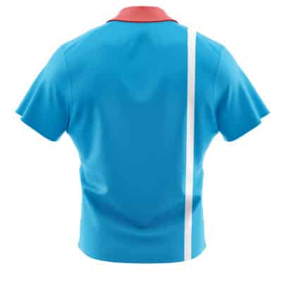 A blue Tony Tony Chopper Egghead One Piece short sleeve button-up Hawaiian shirt, seen from the back, with a red collar and a single vertical white stripe on the right side.