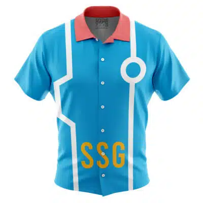The Tony Tony Chopper Egghead One Piece Short Sleeve Button Up Hawaiian Shirt features a blue base, bold white geometric lines, a white circle on the right side, a red collar, and yellow "SSG" lettering near the hem.