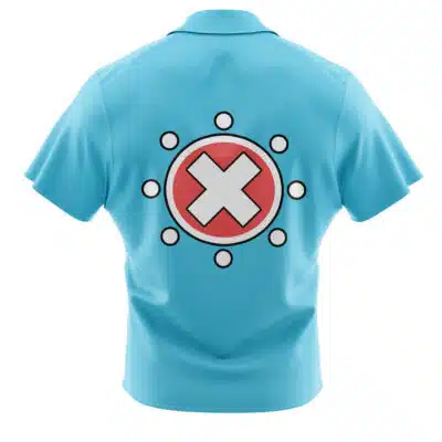 The Default Button Up Hawaiian Shirt (Copy) is shown from the back, displaying a large red circle with a white X in the center, surrounded by smaller white circles in a ring pattern.