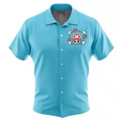 The Default Button Up Hawaiian Shirt (Copy) is a light blue short-sleeve shirt with a cartoon reindeer skull wearing a pink hat and antlers logo on the left chest.