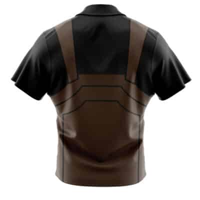 The Default Button Up Hawaiian Shirt is a black short-sleeve shirt with a back print of brown suspenders and an apron, creating a workwear-over-collared-shirt look.