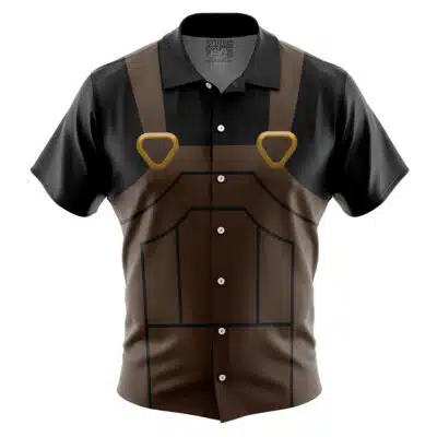 The Default Button Up Hawaiian Shirt (Copy) features a short-sleeve design printed to look like brown overalls layered over a black shirt, complete with strap, gold buckle, and pocket outline details.