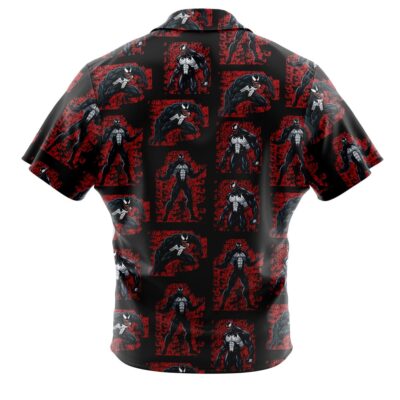 The Default Button Up Hawaiian Shirt (Copy) features a short-sleeve design with a repeating muscular comic book character pattern on a black background with red accents.