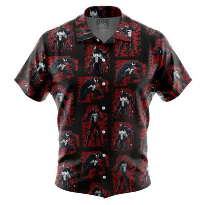 The Default Button Up Hawaiian Shirt (Copy) is a short-sleeve black shirt with a comic book-style vampire pattern in various poses and red and gray accents on a dark background.