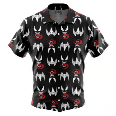 The Default Button Up Hawaiian Shirt (Copy) is a black short-sleeve shirt featuring a bold, edgy pattern of white fanged mouths with red tongues for a striking look.