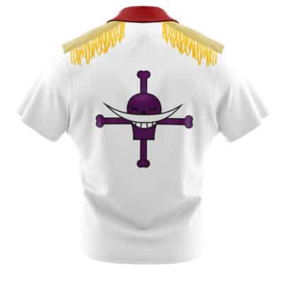 Default Button Up Hawaiian Shirt (Copy): White shirt with yellow shoulder fringes, red collar, and a large purple crossbones pirate emblem with a grinning face on the back.