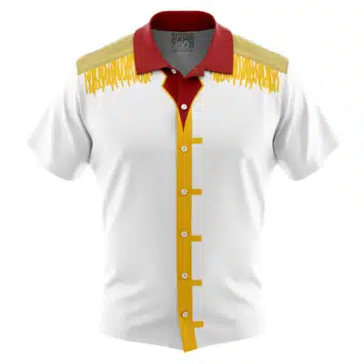 The Default Button Up Hawaiian Shirt (Copy) is a short-sleeve white shirt with a red collar, gold fringe on the shoulders, and yellow trim with rectangular designs, inspired by Woody’s outfit from Toy Story.