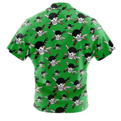 The Default Button Up Hawaiian Shirt is a green short-sleeve shirt with an all-over cartoon pirate pattern showing three swords and a skull and crossbones. The design covers the entire back of the shirt.