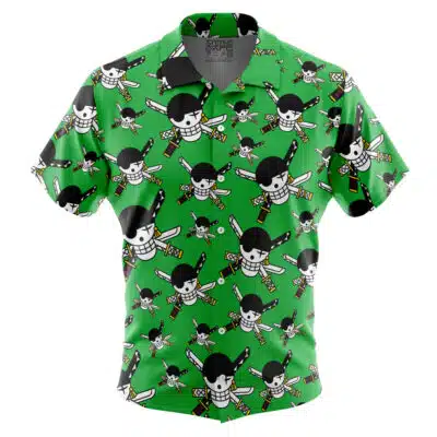 Default Button Up Hawaiian Shirt (Copy) – green short-sleeve shirt with an all-over cartoon skull and crossbones pattern; each skull wears a black hat and has two crossed swords behind its head.