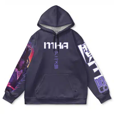 The Chisaki Kai Overhaul My Hero Academia Streetwear Hoodie features MHA and Japanese characters on the front, vibrant anime-style sleeves with stylized white text, a spacious hood, and black drawstrings in navy blue.
