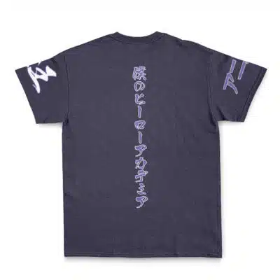 The Chisaki Kai Overhaul My Hero Academia Streetwear T-Shirt features a dark gray color, light purple Japanese characters vertically on the back, and extra designs on each sleeve.