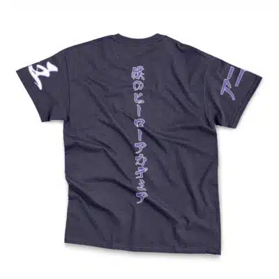 The Chisaki Kai Overhaul My Hero Academia Streetwear T-Shirt, shown flat in dark gray, displays purple and white vertical Japanese text down the back center and matching stylized sleeve symbols in the same colors.