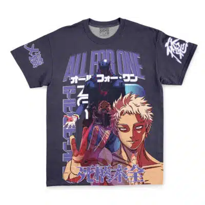 The Chisaki Kai Overhaul My Hero Academia Streetwear T-Shirt showcases dark anime art with two characters, bold Japanese and English "ALL FOR ONE" text, and unique graphics on the front and sleeves.