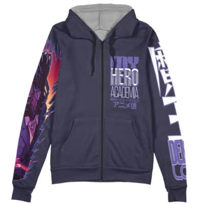 A navy blue zip-up hoodie named "Chisaki Kai Overhaul My Hero Academia Streetwear Zip Hoodie Jacket" featuring bold text, Japanese characters, sleeve graphics, and a colorful anime character on the front.