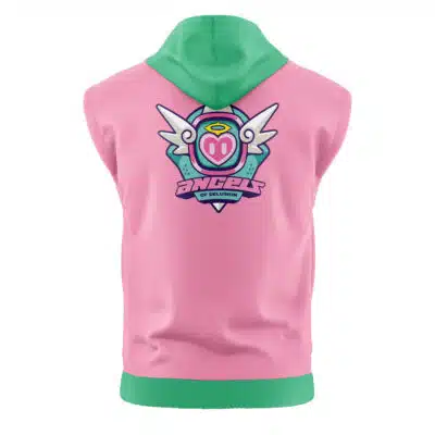 Krampus Compliance Authority Zenless Zone Zero Sleeveless Hoodie: pink, sleeveless, with green hood and hem. Back features a cartoon winged emblem, a halo, and "Angels of Delusion" text.