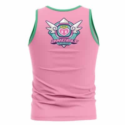 A pink Krampus Compliance Authority Zenless Zone Zero tank top with green trim, featuring a colorful back graphic of a winged emblem, halo, heart, and “Angels of Delusion” text.