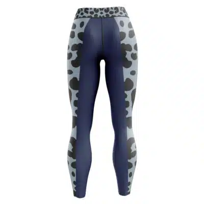 Clone Trooper Undersuit Star Wars Leggings (Copy) shown from the back, featuring blue and gray colors with black leopard print on the sides and waistband, displayed on a white background.