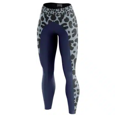 Clone Trooper Undersuit Star Wars Leggings feature a high-waisted design with a navy blue front panel and gray side panels adorned with a black abstract leopard print.