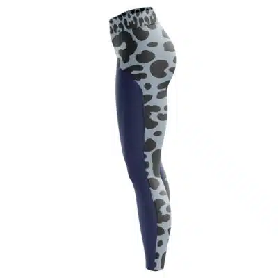 Side view of Clone Trooper Undersuit Star Wars Leggings featuring a high-waisted design with blue and black leopard print on the front and a solid navy side panel.