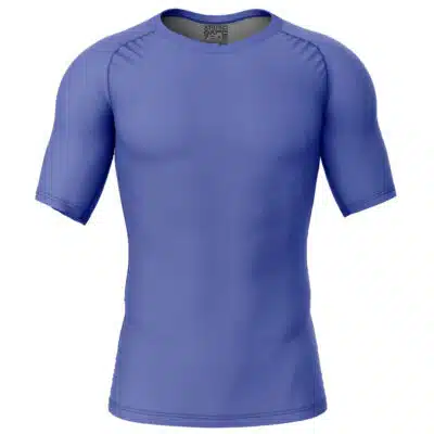 The Franky Zou Arc Outfit One Piece Short Sleeve Rash Guard Compression Shirt features a fitted, solid light blue design displayed on a plain white background.