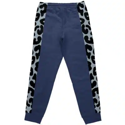 Jin Kazama Bloodline Trousers Tekken Sweatpants feature blue fabric with black and light gray leopard print panels on the sides, an elastic waistband, and ribbed ankle cuffs.
