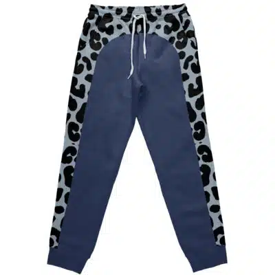 Jin Kazama Bloodline Trousers Tekken Sweatpants (Copy) feature blue jogger style, black and white leopard print panels on sides and upper front, a white drawstring waistband, and ribbed ankle cuffs.