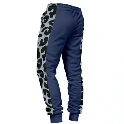 Jin Kazama Bloodline Trousers Tekken Sweatpants feature blue jogger style with black and light blue animal print side panels, elastic waistband, and fitted cuffs, displayed from the back and side angles.