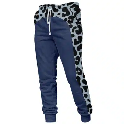 Jin Kazama Bloodline Trousers Tekken Sweatpants (Copy): Blue jogger pants with white drawstring, light blue side panels accented by a black cow print, relaxed fit, and tapered legs.