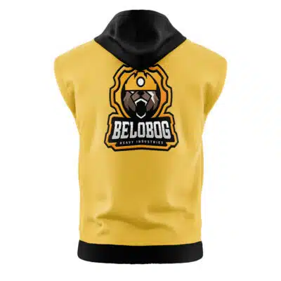 The Cunning Hares Zenless Zone Zero Sleeveless Hoodie (Copy) is a yellow hoodie with a black hood, showcasing a bold bear head logo and “BELOBOG HEAVY INDUSTRIES” in black and white on the back.