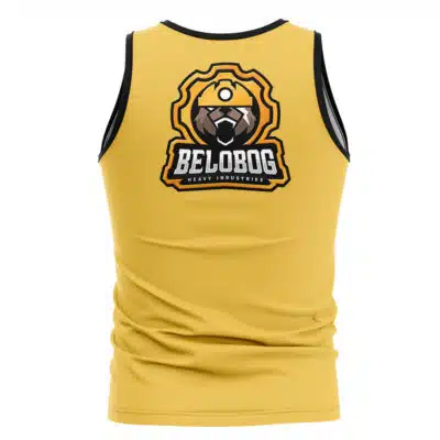 The Cunning Hares Zenless Zone Zero Tank Top is a yellow sleeveless shirt with black trim, featuring a bear in a hard hat and "BELOBOG HEAVY INDUSTRIES" boldly printed on the back.