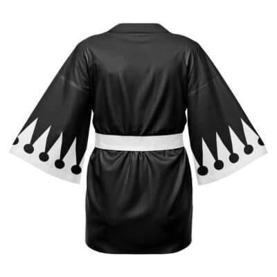 The Shinigami Death Seal Shippuden Happi Coat Haori Kimono features wide sleeves with a white border, black dot and triangle patterns, a white waist belt, and is shown from the back in black.