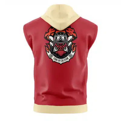 A Criminal Investigation Special Response Team Zenless Zone Zero sleeveless hoodie in red with a tan hood and hem, featuring a stylized boar in helmet and goggles on the back over a "Sons of Cauldron" banner.