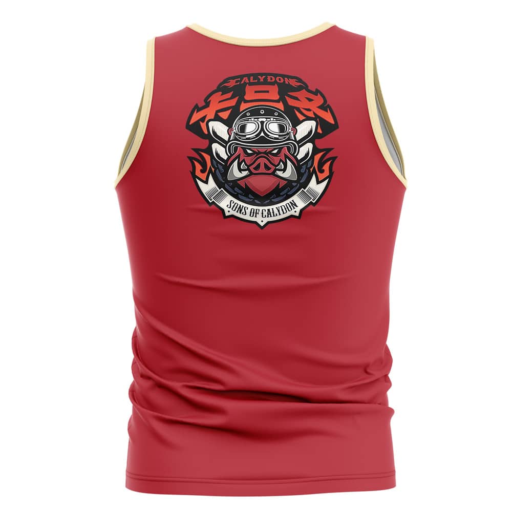 A sleeveless tank top inspired by Criminal Investigation Special Response Team Zenless Zone Zero, red with beige trim, featuring a stylized boar in goggles and helmet on the back and “Sons of Calydon” text.