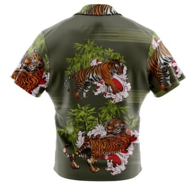 The Zombiefied Raccoon Police Department (RPD) Resident Evil Short Sleeve Hawaiian Shirt features a bold green design with tigers, bamboo, and ornate red and white accents on the back.
