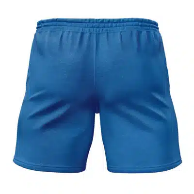 Back view of Belobog Heavy Industries Zenless Zone Zero Gym Shorts (Copy) in blue, featuring an elastic waistband and smooth fabric, displayed against a white background.