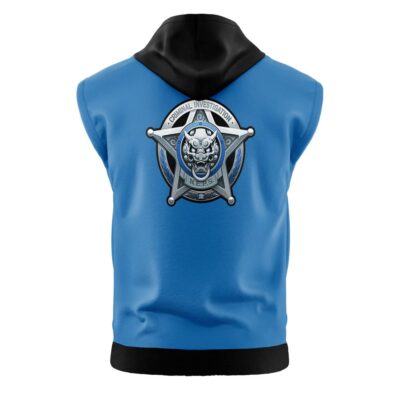 The Belobog Heavy Industries Zenless Zone Zero Sleeveless Hoodie features a blue body, black hood, and a bold Criminal Investigation police badge with a fierce animal face in a silver star on the back.
