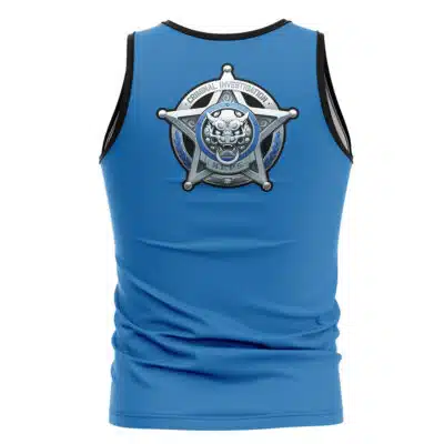A blue Belobog Heavy Industries Zenless Zone Zero Tank Top featuring a large silver sheriff-style badge and "Criminal Investigation" printed on the back.