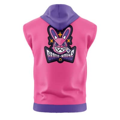The Victoria Housekeeping Co Zenless Zone Zero Sleeveless Hoodie is pink with a purple hood and waistband, featuring a fierce cartoon bunny logo, stars, and the words "Gentle House" on the back.