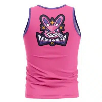 The Victoria Housekeeping Co Zenless Zone Zero Tank Top is a sleeveless pink athletic jersey with a fierce pink rabbit cartoon logo, stars, “Gentle-House” text on the back, and purple trim on the collar and armholes.