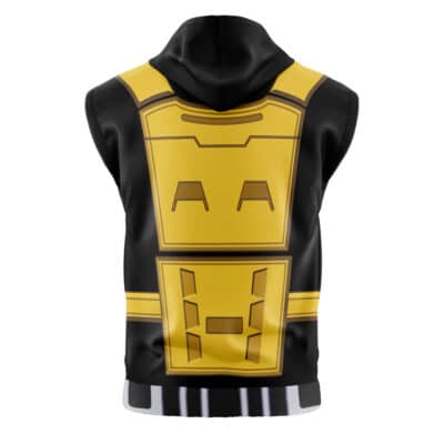 The Sektor Klassic Mortal Kombat Sleeveless Hoodie features a bold yellow and black back design inspired by a robot’s armored chest plate, with a hood up and white and black striped edges.