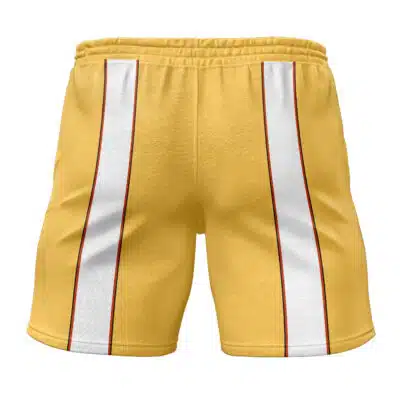 The Angels of Delusion Zenless Zone Zero Gym Shorts in yellow are shown from the back, with two vertical white stripes outlined in red on each leg, an elastic waistband, and no visible logos or pockets.