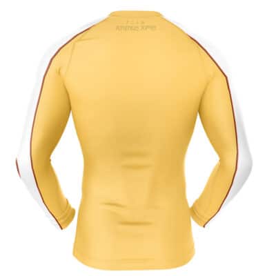 Buff Anime Body Long Sleeve Rash Guard Compression Shirt (Copy) in yellow, featuring white panels and red stripes on the sleeves. Back view shows faint foreign text near the neck.