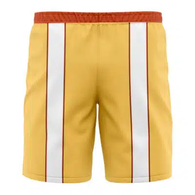 Chimera Nina Fullmetal Alchemist Board Shorts Swim Trunks feature yellow fabric, a red waistband, and vertical white stripes with thin red borders down the front of each leg, displayed on a plain white background.