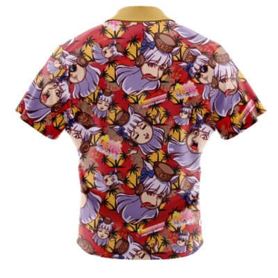 The Shazam DC Comics Short Sleeve Button Up Hawaiian Shirt features animated faces, palm trees, and florals on a vibrant red background with a yellow collar.