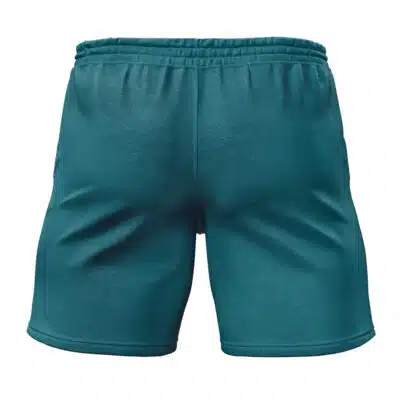 Back view of Sons of Calydon Zenless Zone Zero Gym Shorts in teal with an elastic waistband, displayed on a plain white background.