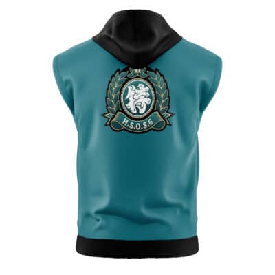 The Sons of Calydon Zenless Zone Zero Sleeveless Hoodie (Copy) is a teal, sleeveless hoodie with a black hood and a back crest design featuring a lion, laurel wreath, crown, and the letters H.S.O.S.S. on a banner.