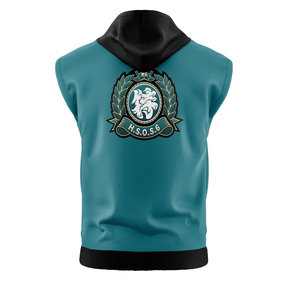 The Sons of Calydon Zenless Zone Zero Sleeveless Hoodie (Copy) is a teal, sleeveless hoodie with a black hood and a back crest design featuring a lion, laurel wreath, crown, and the letters H.S.O.S.S. on a banner.